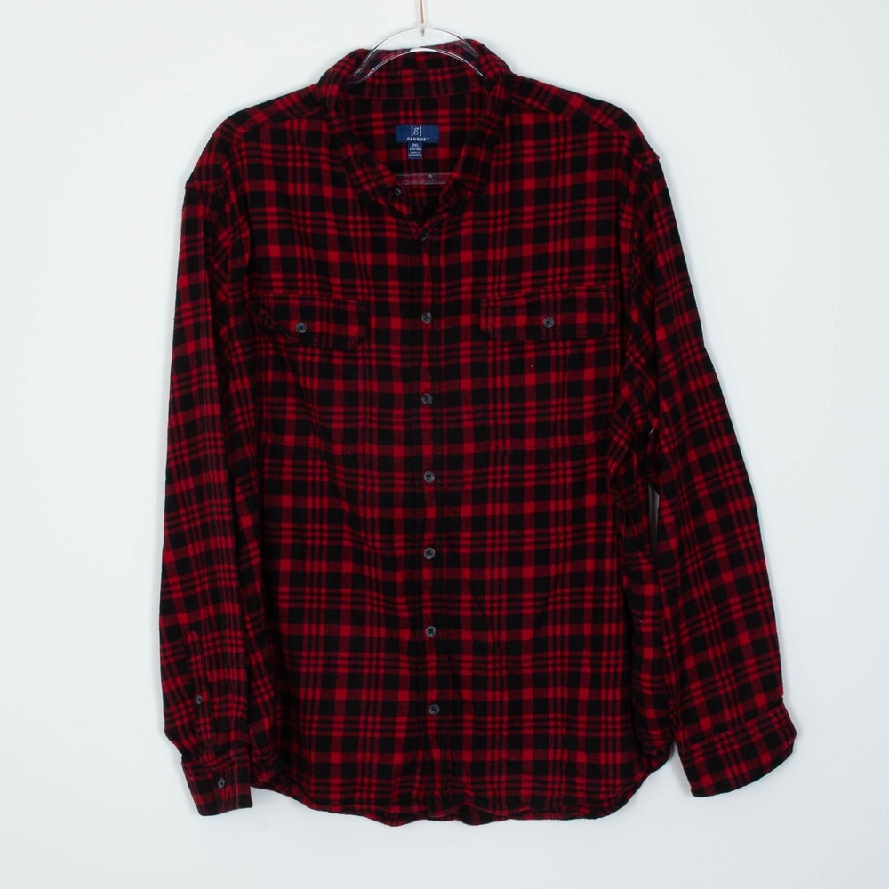 George Plaid Button Front Red‎ Black Flannel Shirt Mens Size 2XL